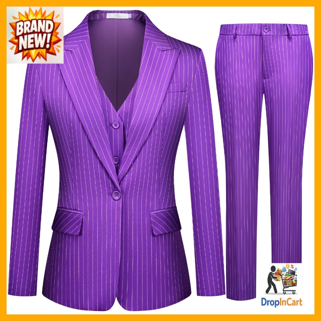 Striped Suit Set Slim Fit Blazer Vest Pants Professional Work Elegant